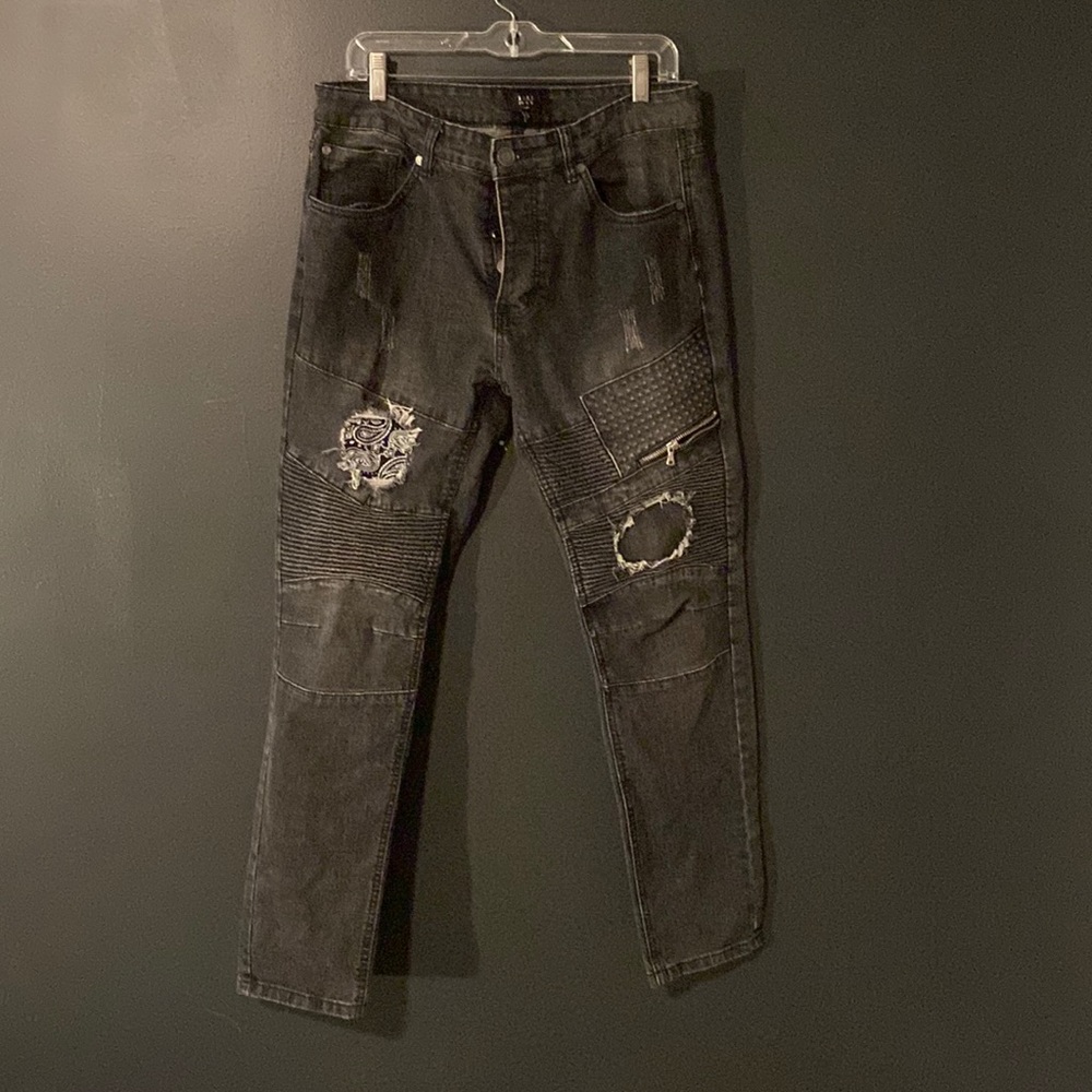 All black boo hoo man biker jeans